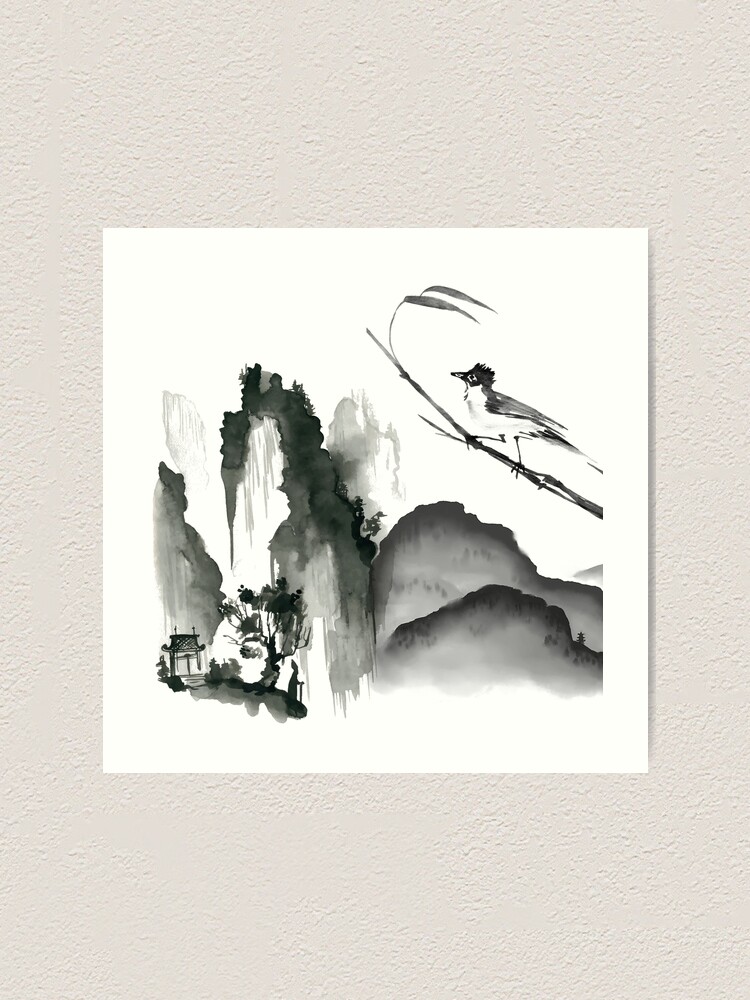 墨絵　Sumi-e a painting in black ＆white Sumi-e Mountain View — Original Painting in Japanese Zen Art