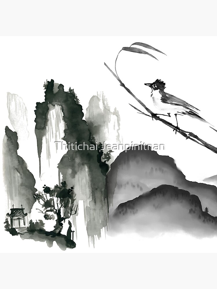 Japanese art sumi-e painting. Mountain landscape with bird