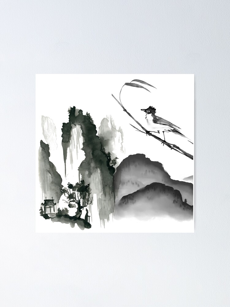 Japanese art sumi-e painting. Mountain landscape with bird