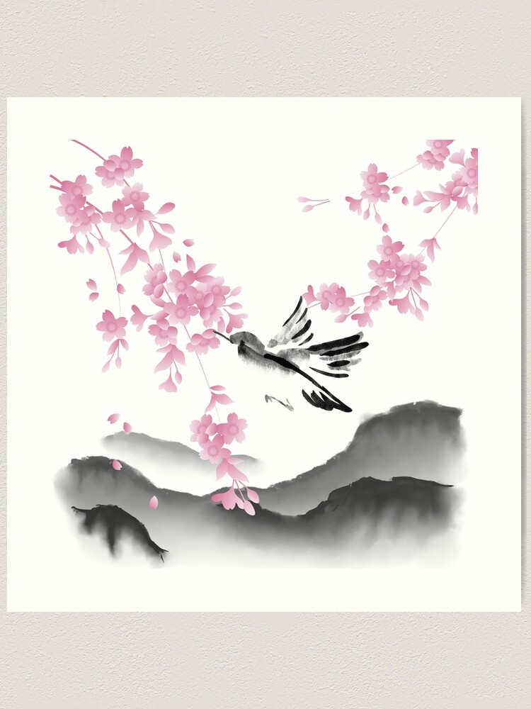 Birds & Sakura, Japanese Watercolor Art Graphic by NeVinci