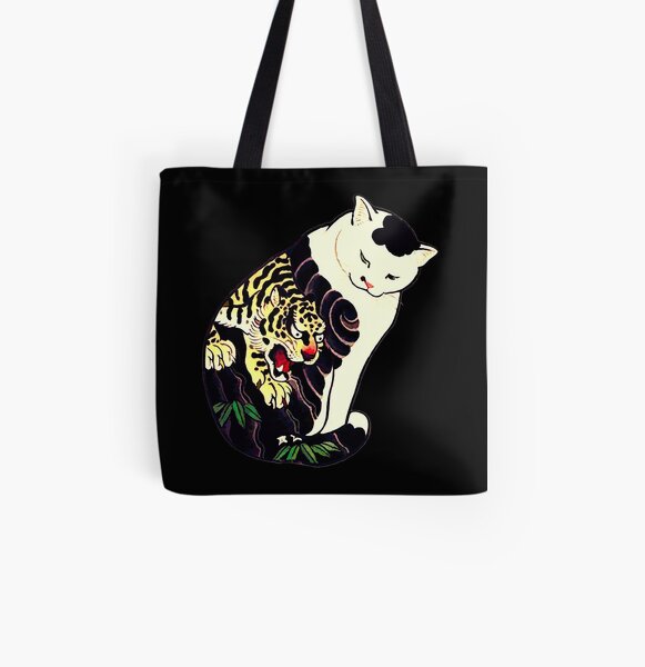 Antique Japanese Woodblock Print Cat with Tiger Tattoo All Over Print Tote Bag