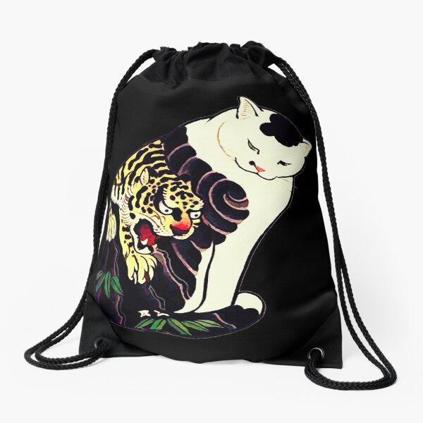 Chat japonais antique sur bois avec tatouage tigre Sac à cordon