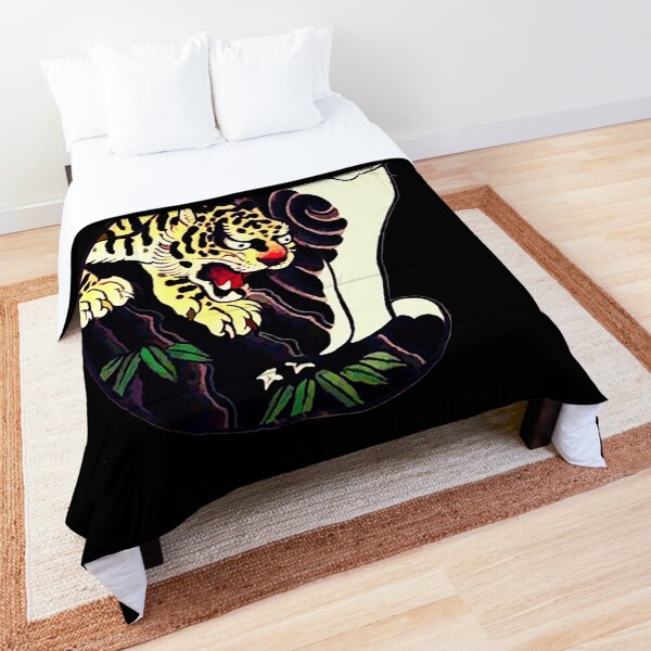 Antique Japanese Woodblock Print Cat with Tiger Tattoo Comforter