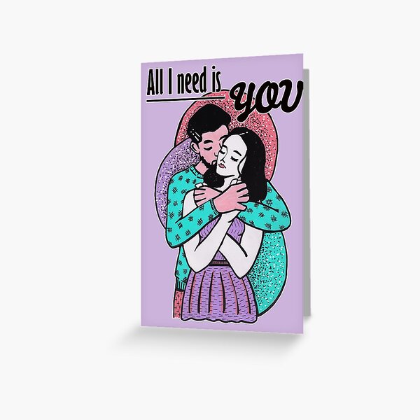 Mixed media - All I need is you - hugging couple (purple version) Greeting Card