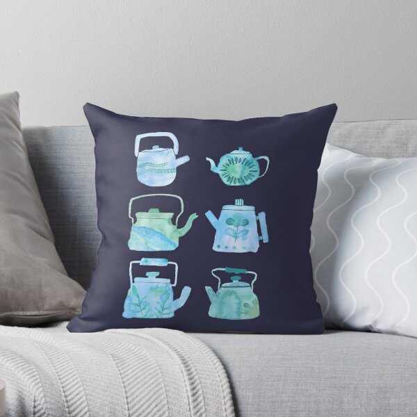 Watercolor Teapots - blue & green Throw Pillow