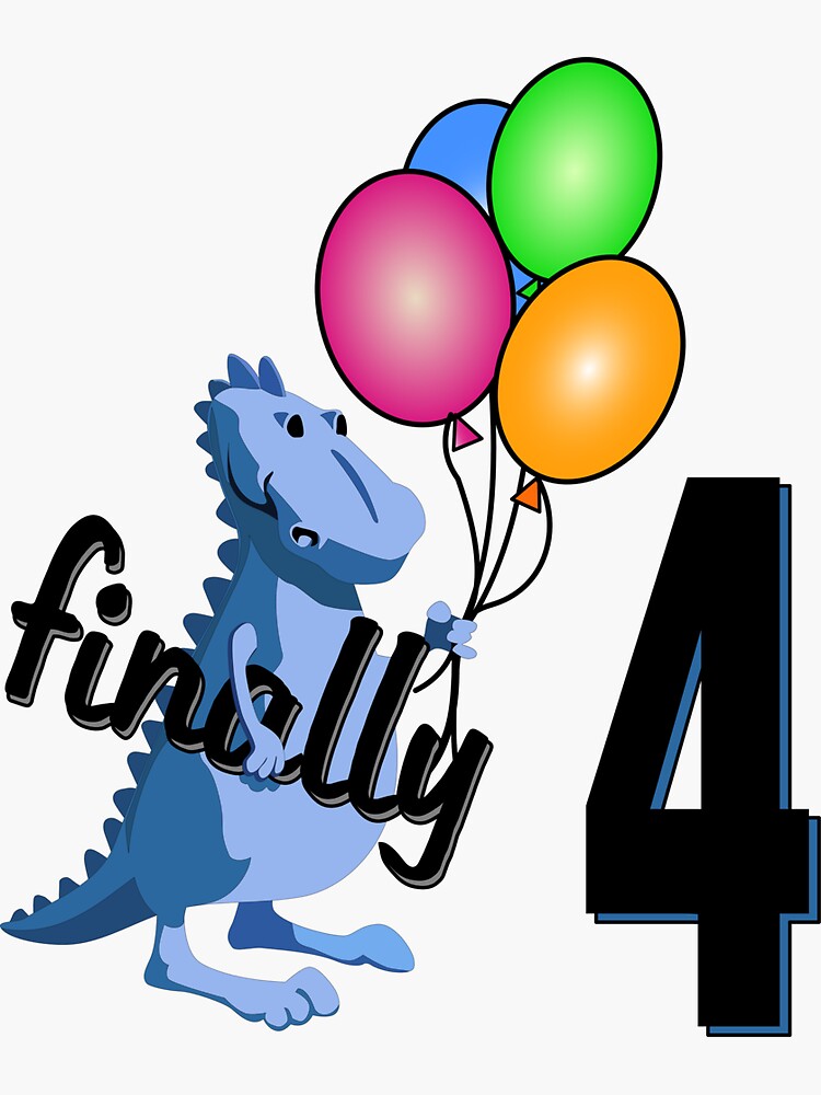 Pegatina con la obra «4to cumpleaños, Finalmente 4 años, Dinosaurio azul  con globos de colores» de shirt-planet