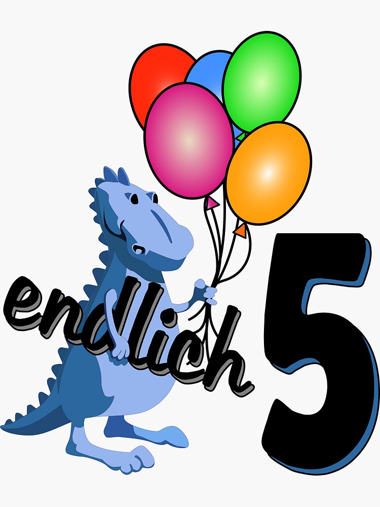 Pegatina con la obra «Finalmente 5 años, 5to cumpleaños, Dinosaurio azul  con globos de colores» de shirt-planet
