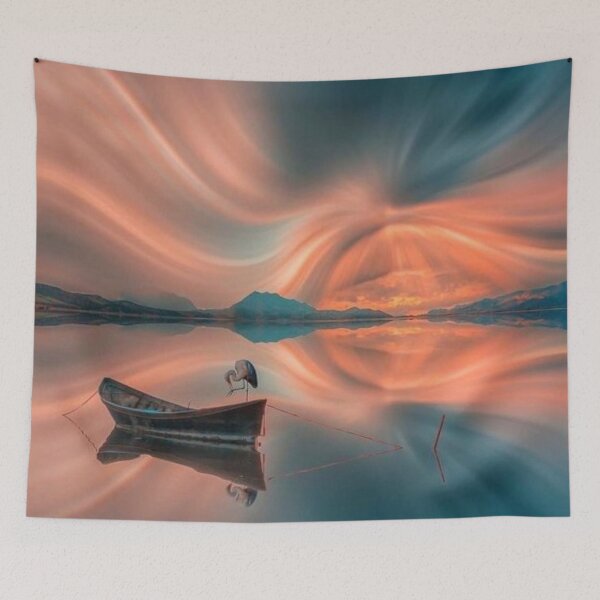 Artikelvorschau, Der große blaue Reiher in einem Ruderboot bei Sonnenuntergang entworfen und verkauft von Karine Dupras.