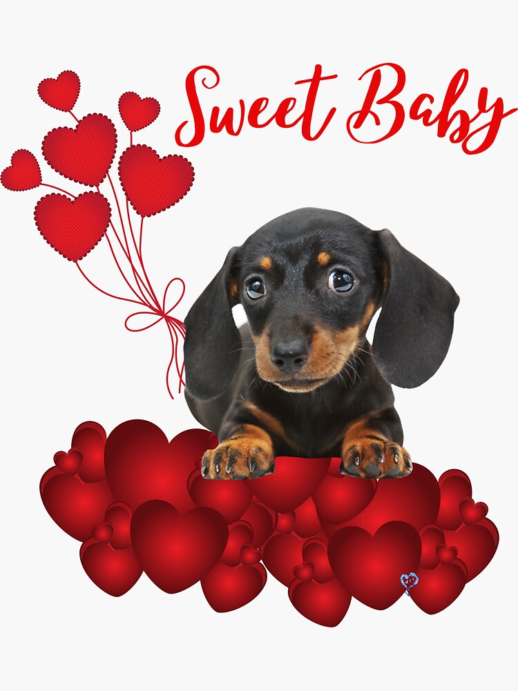 Sweet Baby Dachshund in Red with Red HEARTS by Dogstalk2