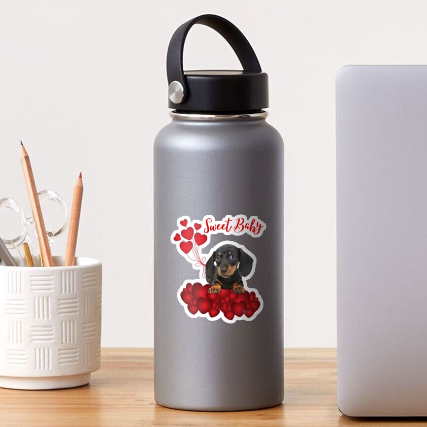 Sweet Baby Dachshund in Red with Red HEARTS Sticker