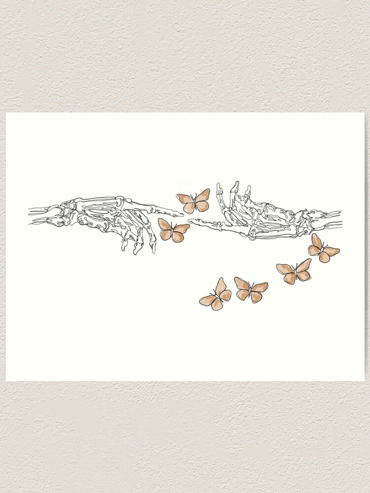 skeleton hands line art with butterflies Art Print