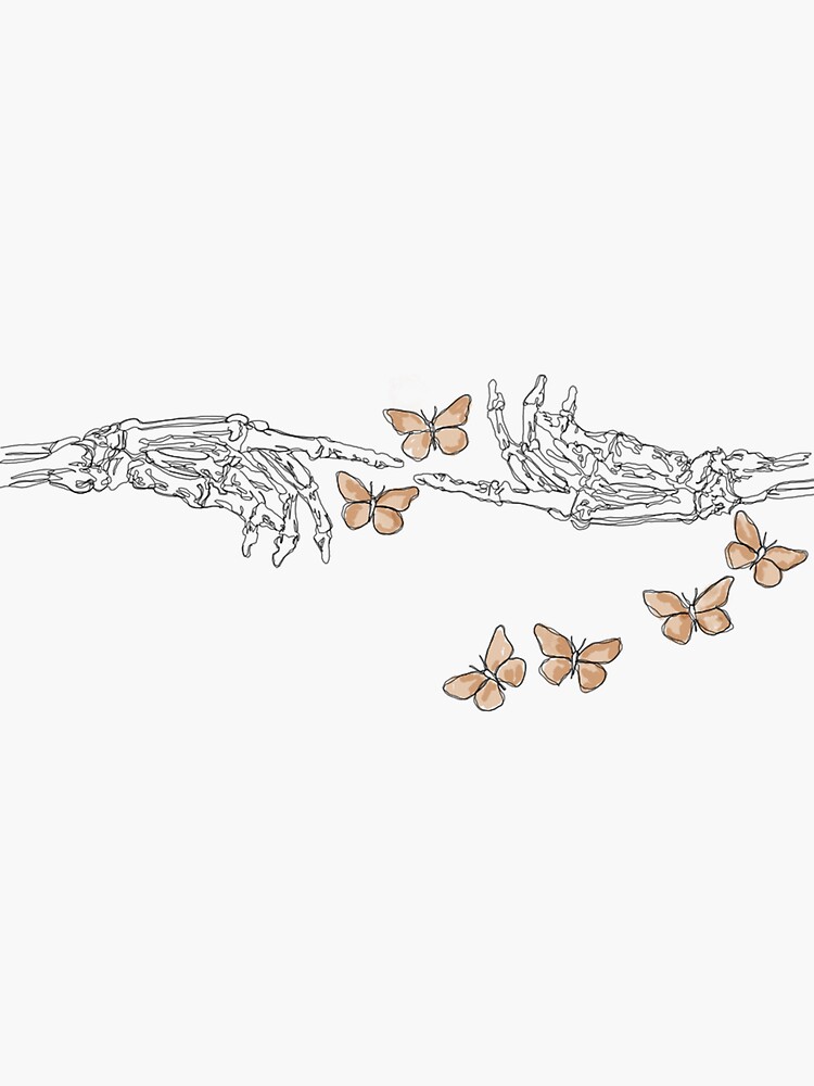 skeleton hands line art with butterflies Sticker