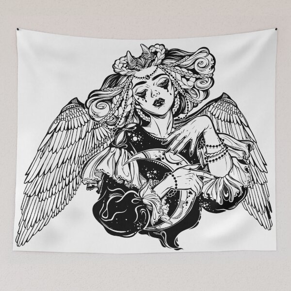 Item preview, Beautiful pagan magic winged and horned goddess Lilith with crescent in her hands. designed and sold by quantaarcana.
