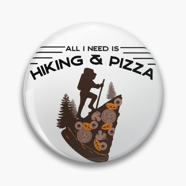 Item preview, all I need is hiking & pizza - landscape with pizza, trees and hiker silhouette designed and sold by Atleta-Cali.
