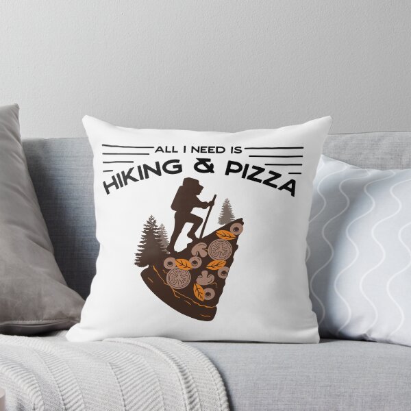 Item preview, all I need is hiking & pizza - landscape with pizza, trees and hiker silhouette designed and sold by Atleta-Cali.