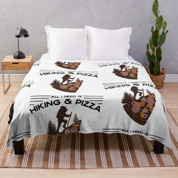Item preview, all I need is hiking & pizza - landscape with pizza, trees and hiker silhouette designed and sold by Atleta-Cali.