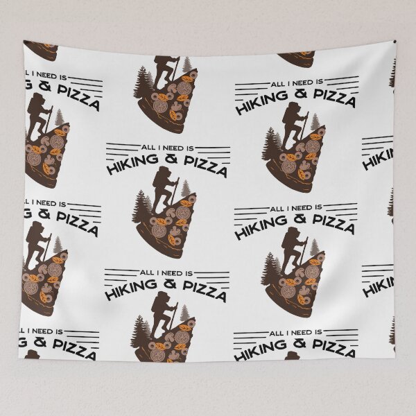 Item preview, all I need is hiking & pizza - landscape with pizza, trees and hiker silhouette designed and sold by Atleta-Cali.