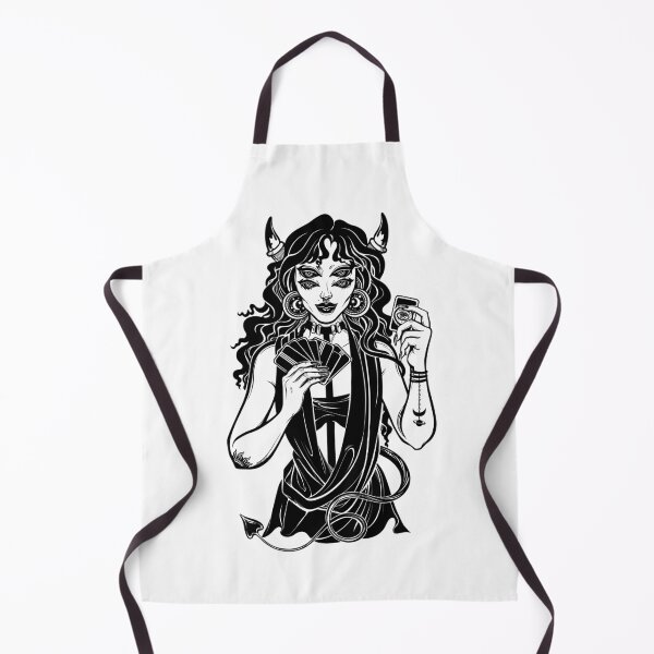 Item preview, Demonic horned and four eye fortune teller woman holding occult cards in her hands. designed and sold by quantaarcana.