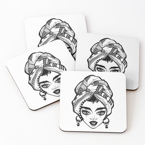 Item preview, Summer style woman with beautiful African features portrait with headwrap and heart earrings. designed and sold by quantaarcana.