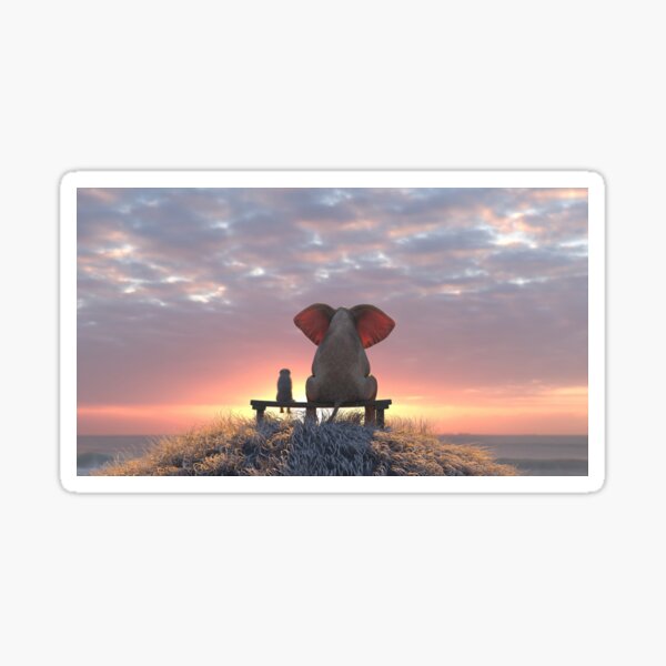 elephant and dog watch the sunrise on the seashore Sticker