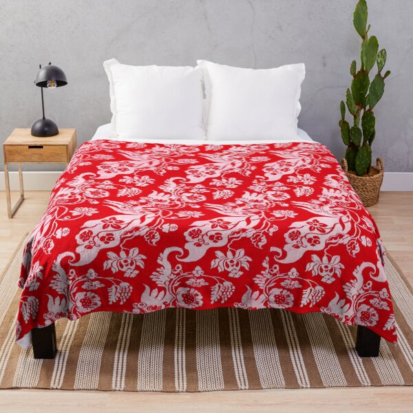 Item preview, ANTIQUE WHITE RED DAMASK FLOWERS AND LEAVES, DIAGONAL BIZARRE FLORAL PATTERN designed and sold by BulganLumini.