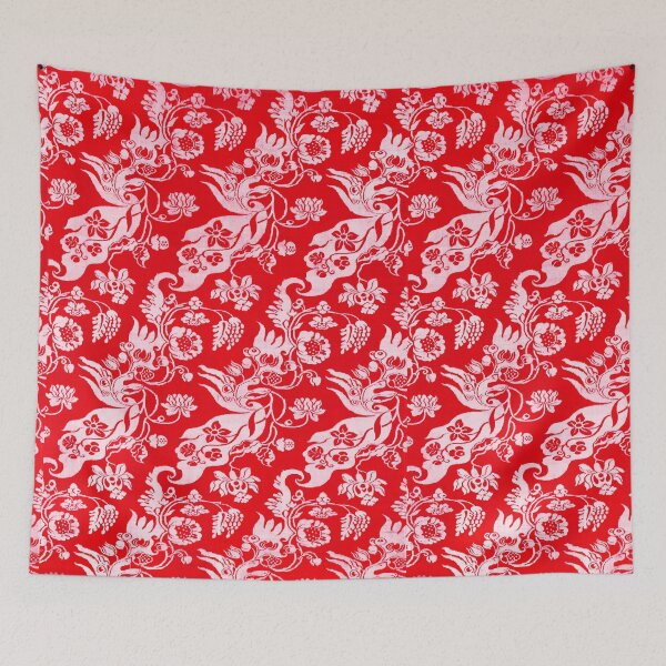 Item preview, ANTIQUE WHITE RED DAMASK FLOWERS AND LEAVES, DIAGONAL BIZARRE FLORAL PATTERN designed and sold by BulganLumini.