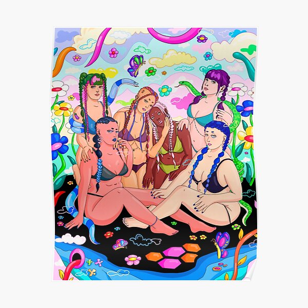 Beautiful Women in Paradise, with Snakes and Butterflies Poster