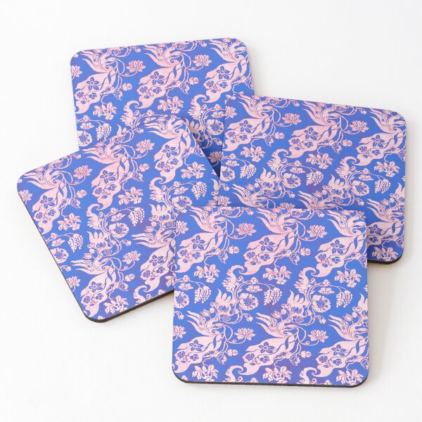 Item preview, ANTIQUE HAWAII BLUE PINK DAMASK FLOWERS AND LEAVES, DIAGONAL BIZARRE FLORAL PATTERN designed and sold by BulganLumini.