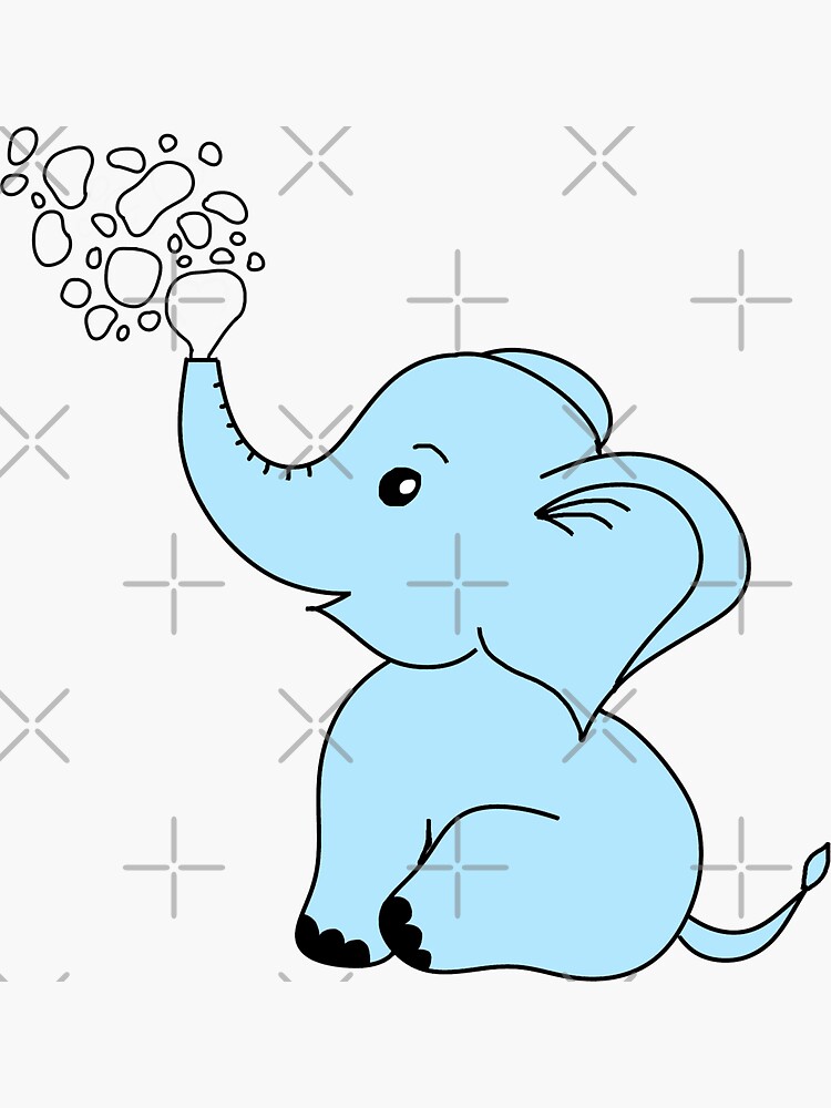 "Blue baby elephant sitting blowing bubbles line art" Sticker for