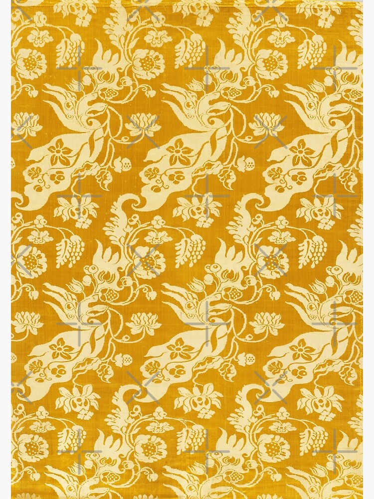 "ANTIQUE GOLD YELLOW DAMASK FLOWERS AND LEAVES, DIAGONAL BIZARRE FLORAL