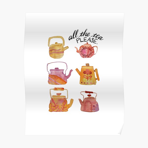 Watercolor Teapots - pink & yellow Poster