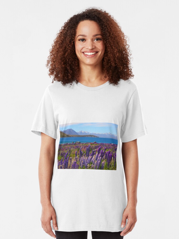 Alternate view of Lake Tekapo and wild flowering lupins Slim Fit T-Shirt