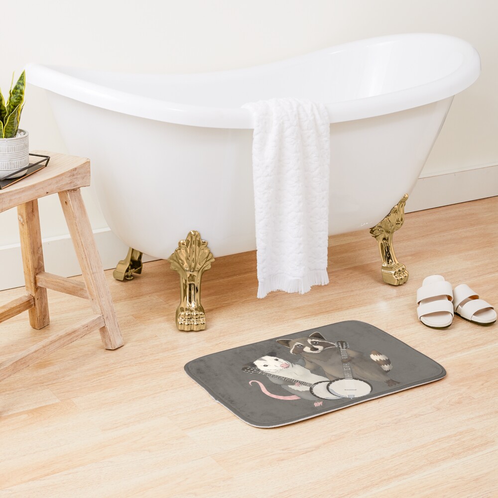 Opossum and Raccoon with banjos Bath Mat