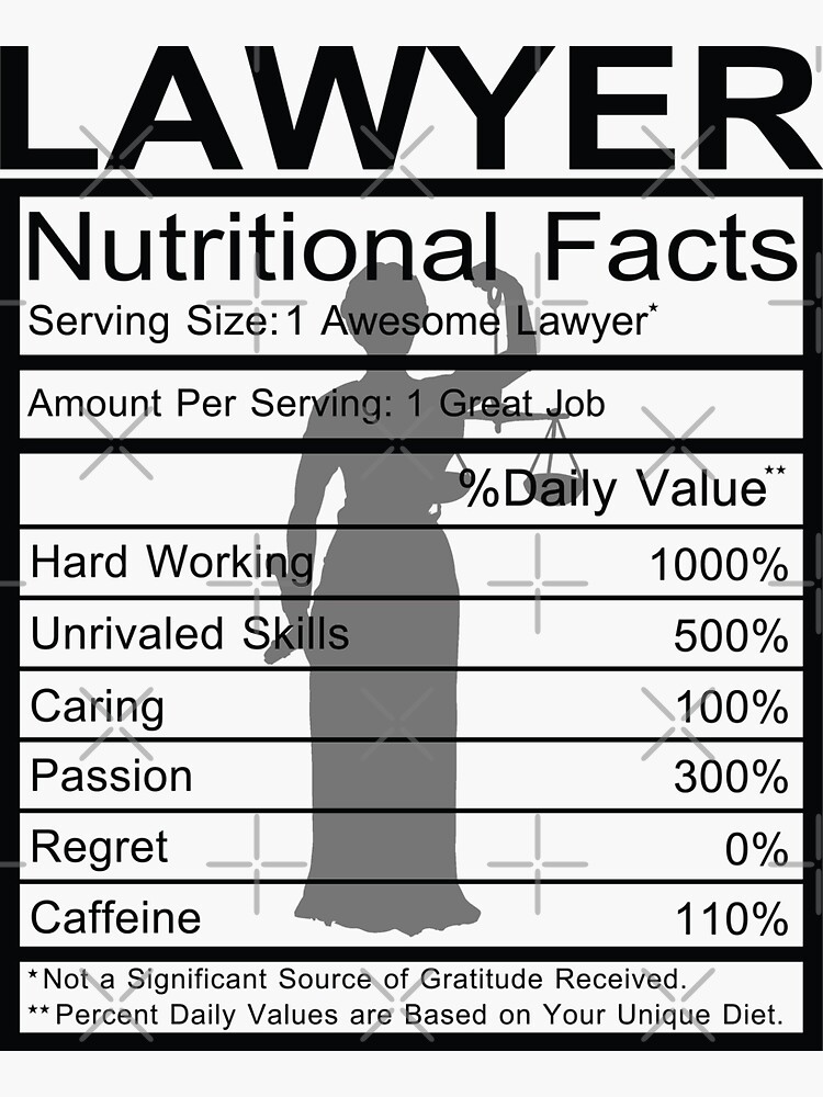 "Lawyer Nutritional Facts Funny Gifts" Sticker for Sale by