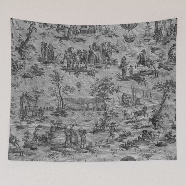 Item preview, Toile de Jouy 18th Century French Print: The Ballon of Gonesse Black and White Shows an Pastoral Scene in a Park in Paris France designed and sold by Zandria Kajewski.