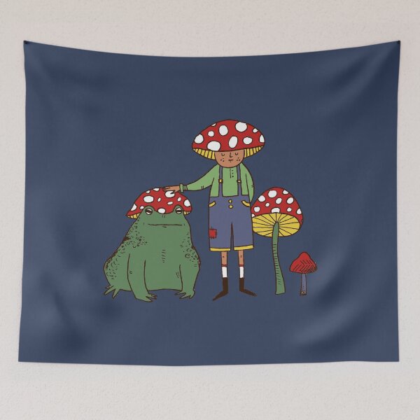 Aperçu de l'œuvre Mushroom Boy et sa grenouille FOND BLEU créée et vendue par cosmicmouse.