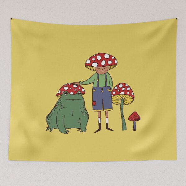 Aperçu de l'œuvre Mushroom Boy et sa grenouille FOND JAUNE créée et vendue par cosmicmouse.