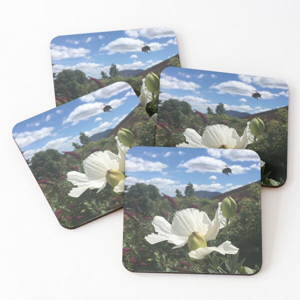 Item preview, Summering Bumblebees Hover Over White Poppy Gardens designed and sold by RoseAromas.