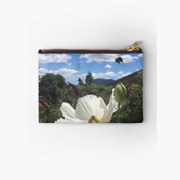 Item preview, Summering Bumblebees Hover Over White Poppy Gardens designed and sold by RoseAromas.