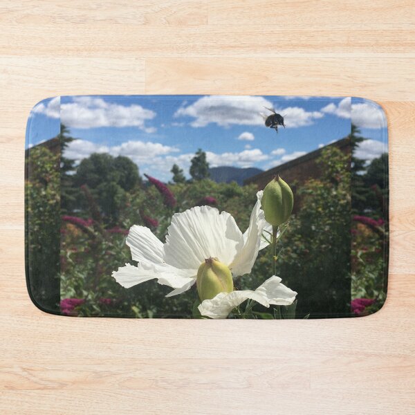 Item preview, Summering Bumblebees Hover Over White Poppy Gardens designed and sold by RoseAromas.