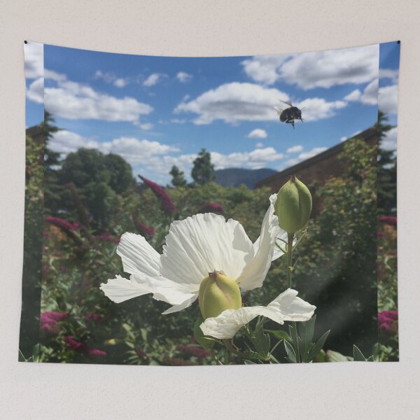 Item preview, Summering Bumblebees Hover Over White Poppy Gardens designed and sold by RoseAromas.