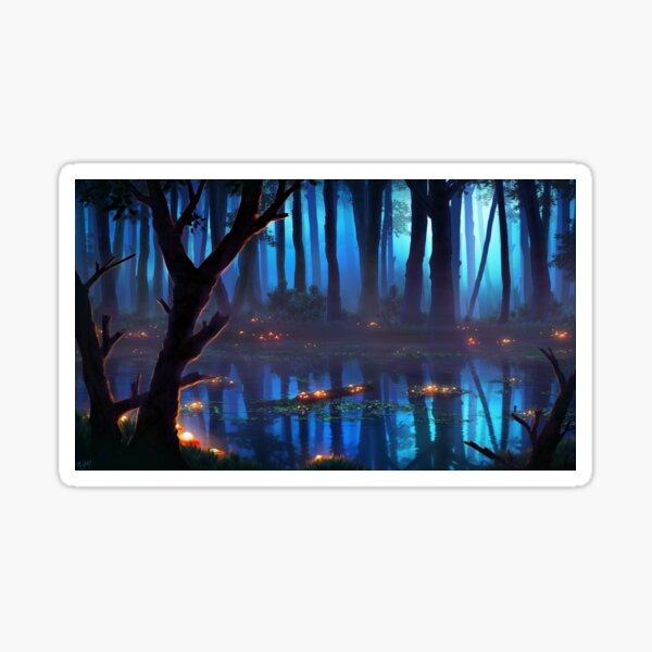 Glowing Wetlands Swamps Blue Foggy Night Dark Mushrooms Fantasy Landscape Original Design Gift Idea For Christmas Birthday Graduation Anniversary Mother's Father's Day For Him For Her Sticker