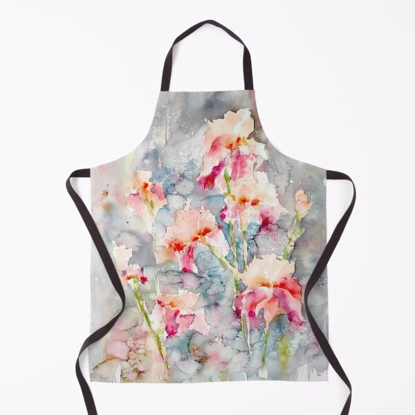 Cream and pink IRISES - Watercolour irises - English garden painting - Iris painting Apron