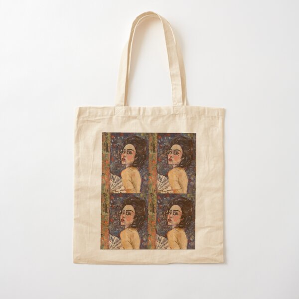 Portrait of a woman with Fan Cotton Tote Bag
