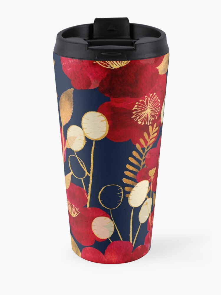 Alternate view of Camellias and honesty - burgundy and antique gold on navy Travel Coffee Mug