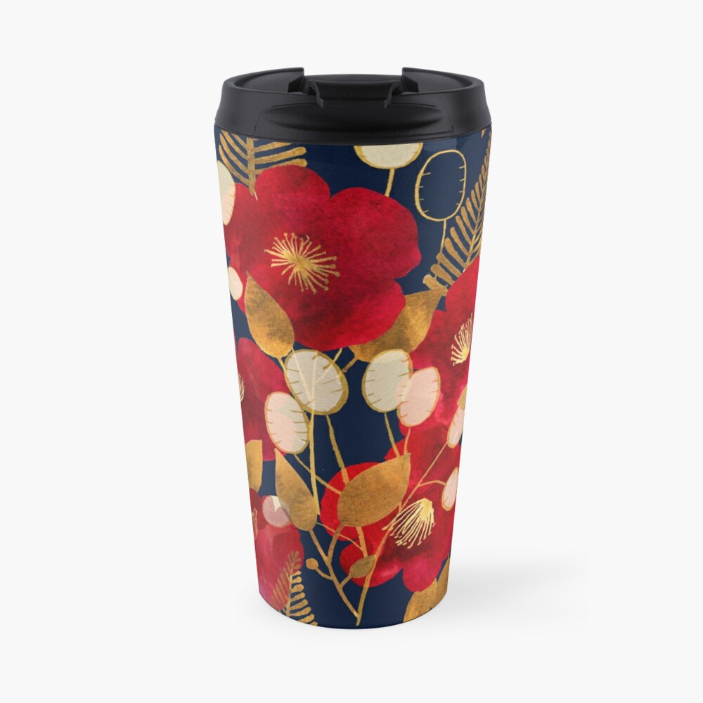 Camellias and honesty - burgundy and antique gold on navy Travel Coffee Mug