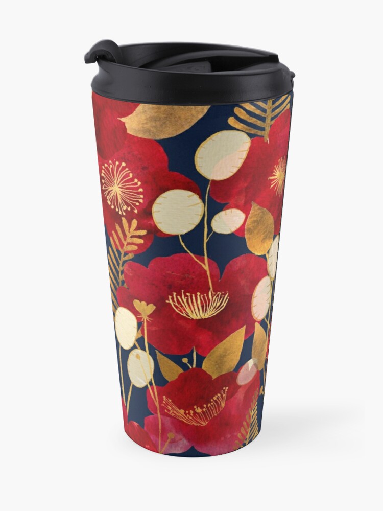 Alternate view of Camellias and honesty - burgundy and antique gold on navy Travel Coffee Mug