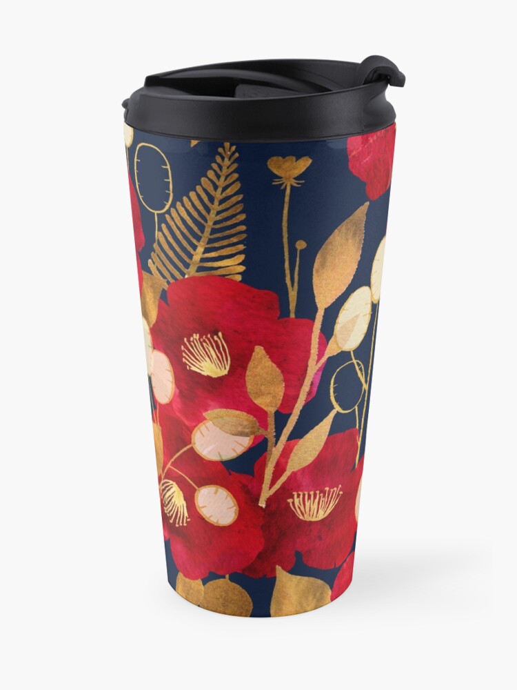Alternate view of Camellias and honesty - burgundy and antique gold on navy Travel Coffee Mug
