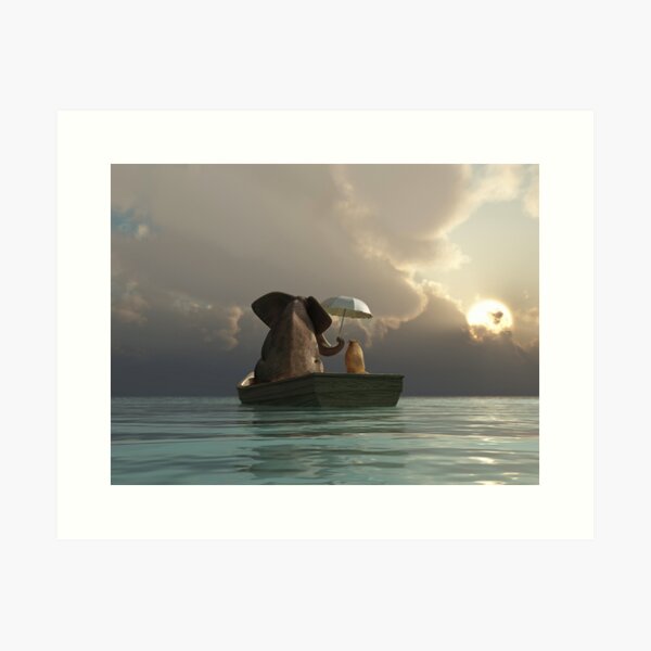 elephant and dog float in a boat after a storm Art Print