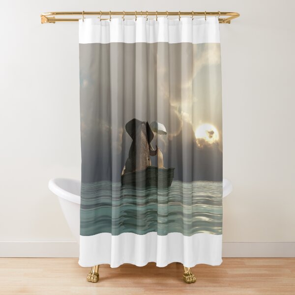elephant and dog float in a boat after a storm Shower Curtain